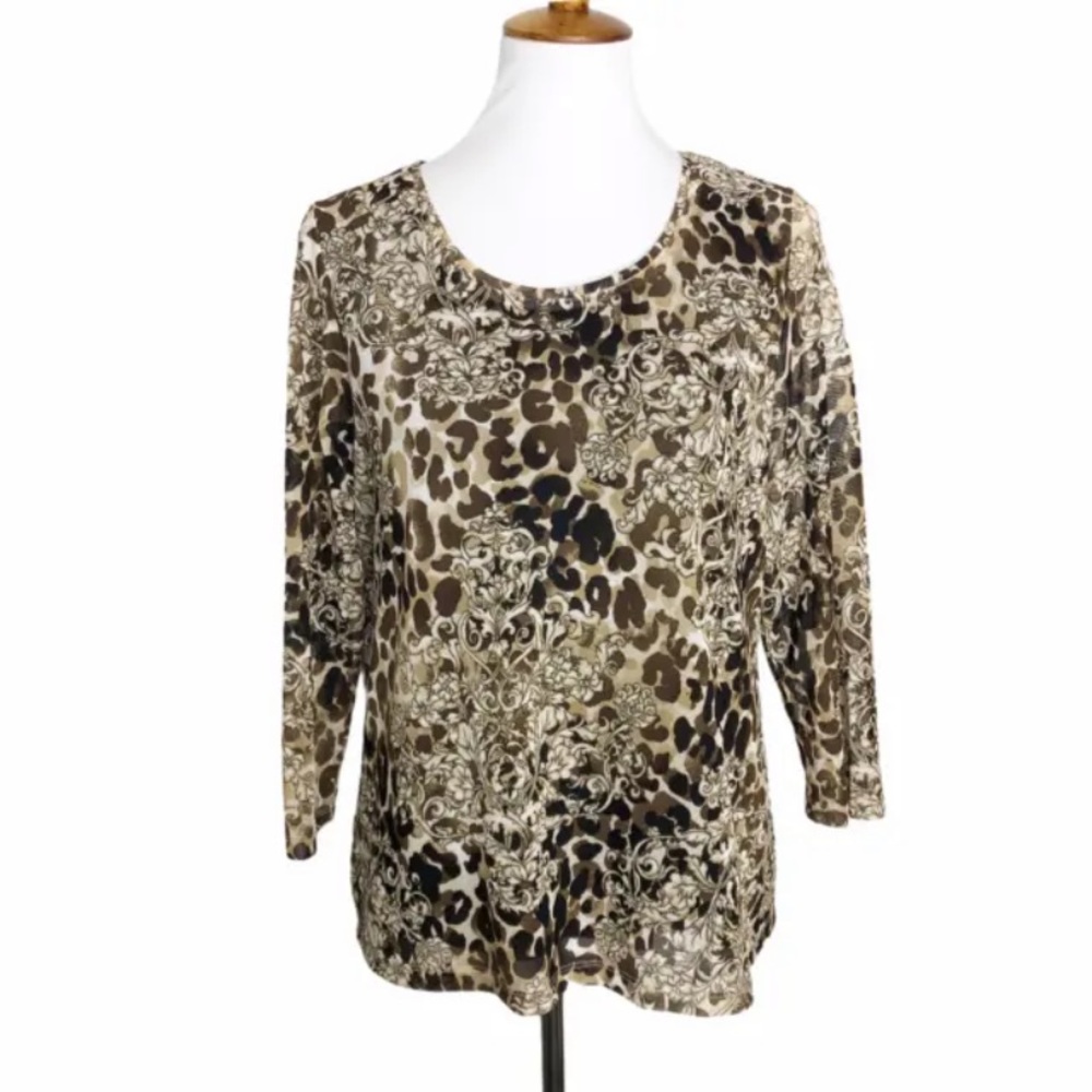 CHICOS EASYWEAR Top Leopard Print Mesh 3/4 Sleeves Sz. 1 (M)